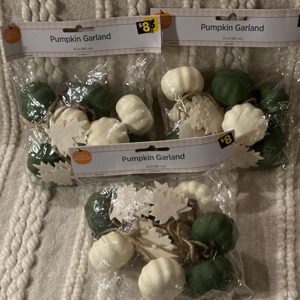 3 Sets of Pumpkin Garland with leaves 6 feet each White & Green Fall Decor NEW